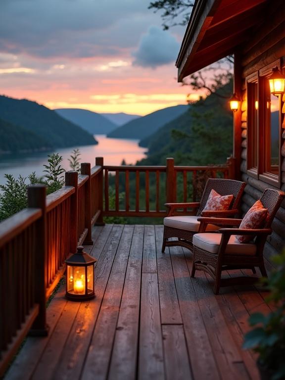 Image of a rustic outdoor patio area with a scenic view of a river or lake during sunset. The wooden deck features warm lighting and cozy seating. The landscape includes green hills and soft twilight colors.