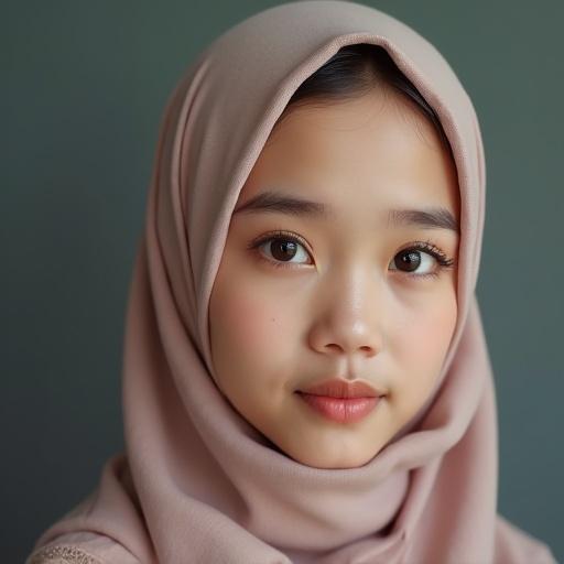 Create a high-detail image of a beautiful young woman of Sumatran descent aged 18 years wearing a light cream hijab. Her face is small with a v-shape, featuring clear skin and a natural makeup look. Large light blue eyes and soft pink lips. She has a ribbed knit top with white buttons and light blue jeans. The background shows wooden shelves with skincare products. Natural white lighting creates a soft glow on her face.