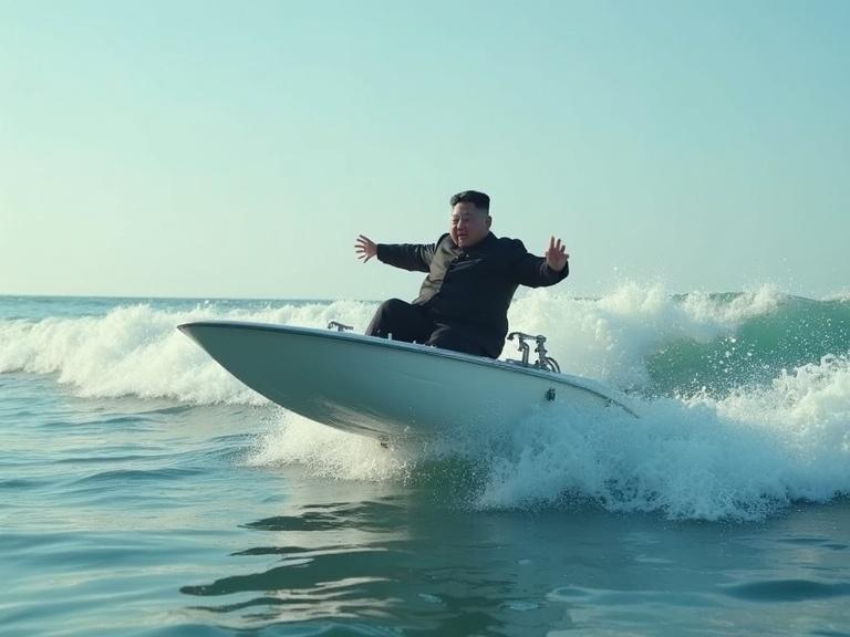 A person sitting in a bathtub surfing on ocean waves. The scene captures a humorous moment with waves splashing around. Bright blue sky visible in the background.