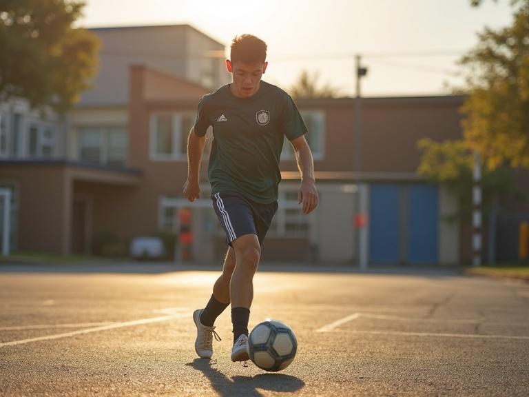 A person controlling a soccer ball on an asphalt schoolyard field in the late afternoon. The setting is relaxed with a warm light. The individual shows athletic focus as they receive and stop the ball. Background includes school buildings and goalposts, creating a youthful sports environment.
