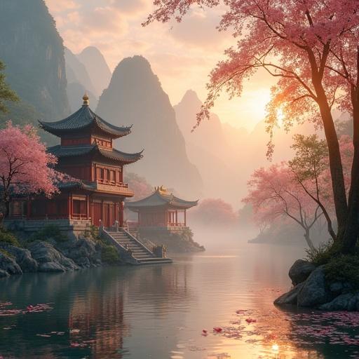 Ancient Chinese landscape features misty mountains and bamboo forest. Morning sunlight filters through mist. A temple silhouette is visible as mist parts. Ornate lanterns hang from peach trees. Temple flags flutter against azure sky. Sacred pool reflects lotus flowers. Cherry blossom petals float in the air. Jade rooftops glint in morning light. Tiny figures practice kung fu. Incense smoke curls upwards. Ancient stone dragon statues are covered with moss. Lighting shifts from dawn pink to morning gold. Mountain peaks reveal as clouds move. Valley of Peace shows lights in windows.