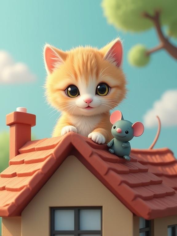 Cute cat with toy mouse on rooftop of a house in Tokio. Bright and cheerful atmosphere with a playful vibe.