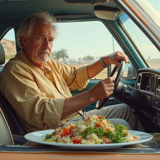 Man seated in a car with a plate of food shaped like a woman. Vehicle interior shown and outdoor scenery visible.