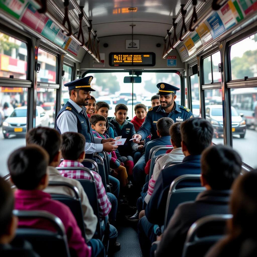Young boys girls and older people traveling together on a bus. Conductor is handing out tickets. Driver focused on the road. Outside bus displaying traffic with cars bikes and auto-rickshaws. Everyday hustle of public transport in a lively setting.