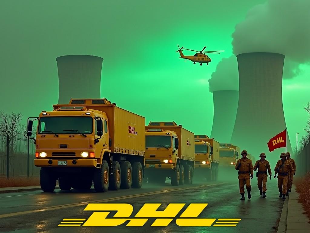 In a dramatic scene, several large yellow armored trucks equipped with prominent cannons drive up to a fence with the DHL logo clearly visible. Nearby, soldiers in yellow uniforms march together, holding rifles, with one waving a DHL flag. A nuclear power plant looms in the background, its smokestacks glowing green in an ominous sky. Above, a large yellow Chinook helicopter flies, intensifying the atmosphere. The DHL logo is prominently displayed at the bottom in bold, yellow text.