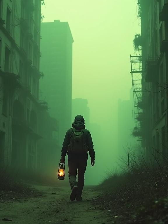 A person in worn clothing walks through an abandoned city. Individual wears a makeshift gas mask and carries a backpack. Green fog is present. The background features decaying skyscrapers. An oil lamp emits a flickering light while long shadows are cast. The scene has a grainy film texture with subdued colors and deep shadows.