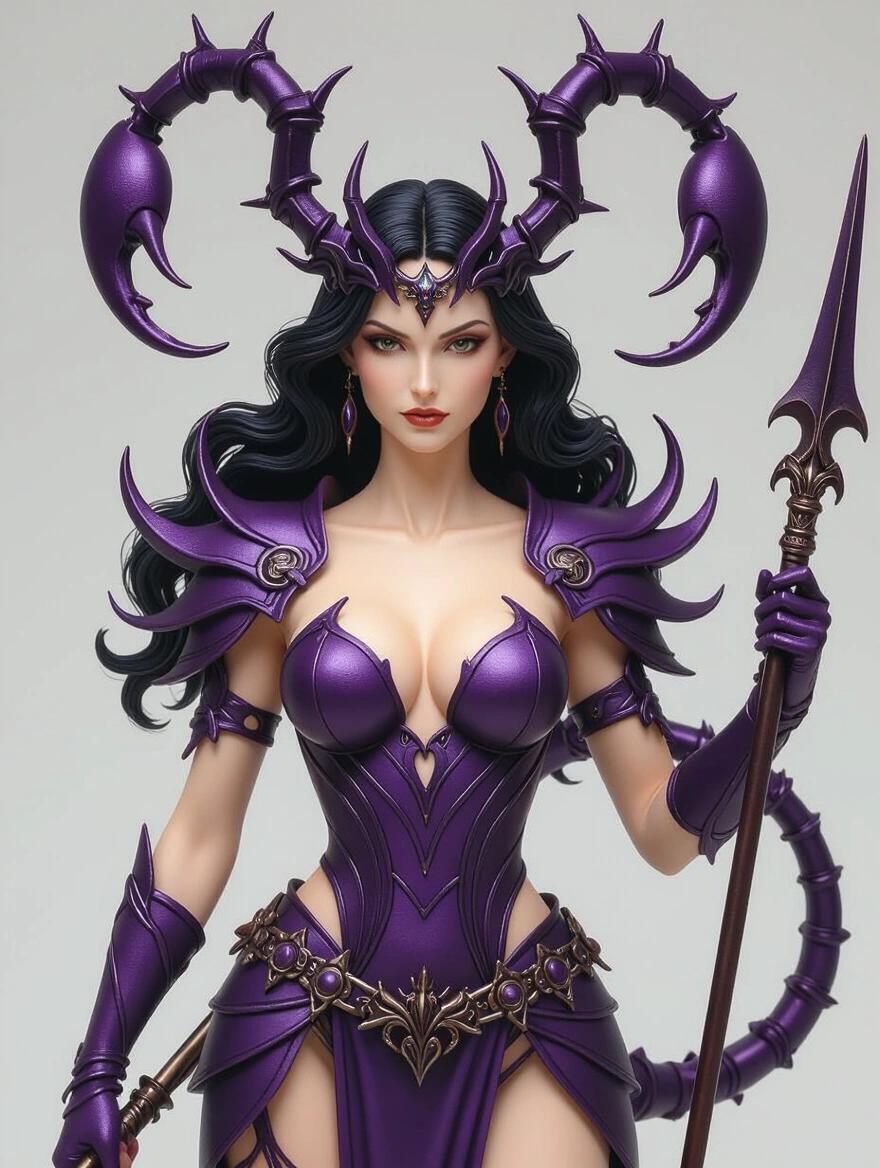 Resin sculpture of a goddess inspired by the sign of Scorpio with a slender human body. She has fair skin and long black hair. She wears purple armor with scorpion symbols and holds a scorpion-inspired spear. The background features a rocky base and a dark atmosphere.