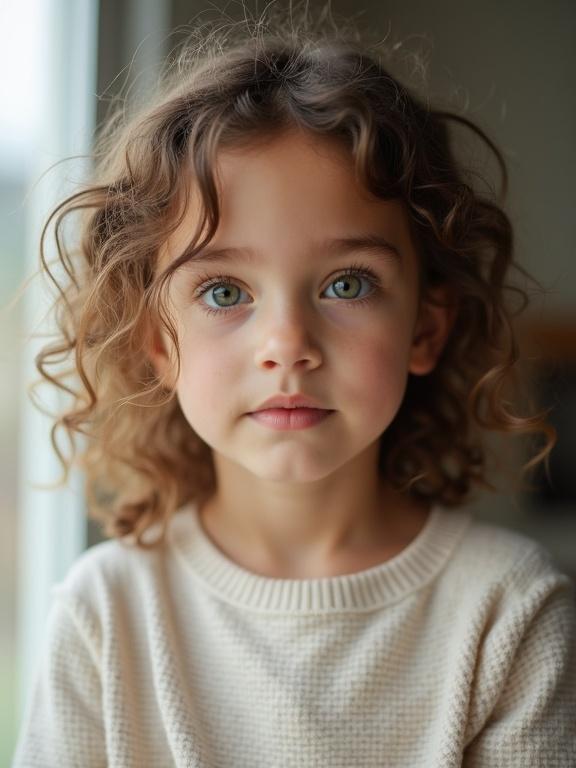 Professional photo of a cute and beautiful girl with a delicate face. She has gentle and charming eyes. Her hair is natural and curly. She wears simple and fashionable clothes. The lighting is soft and side from a window.