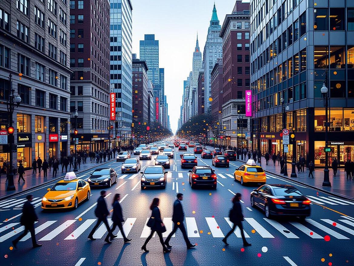 Busy city intersection filled with rushing pedestrians. Traffic captures urban energy. Points of color create motion effects. Contemporary life shown through artistic techniques. Modern metropolitan scene using classic art methods.