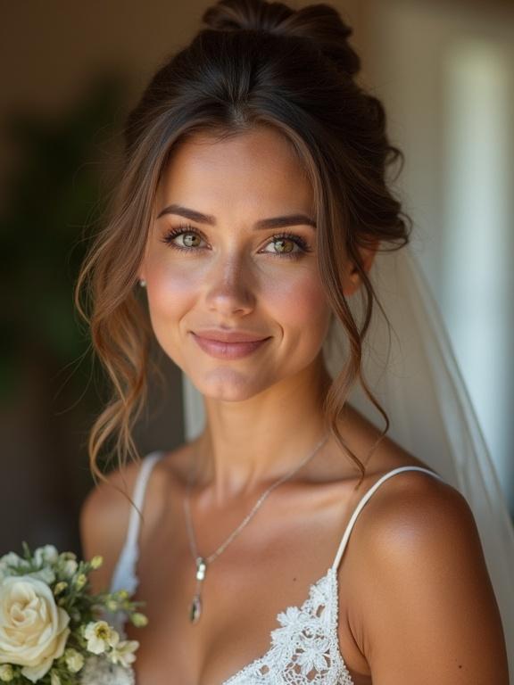 Image features a beautiful married lady. She wears a delicate wedding dress and holds a bridal bouquet. The background shows soft, neutral colors. Floral elements complement her natural beauty.