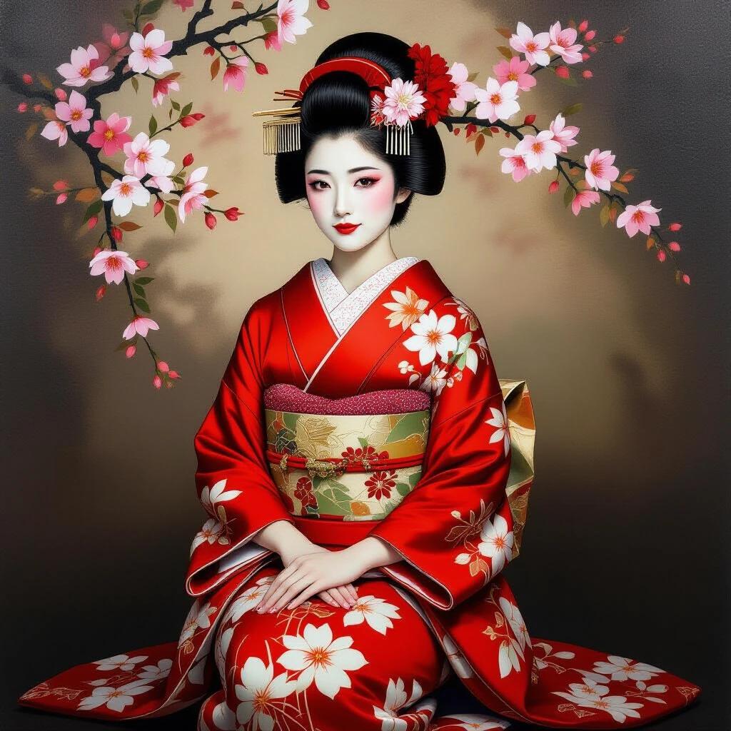 Captivating oil painting of a girl in traditional Japanese geisha outfit. Red kimono with floral pattern featuring sakura. White tabi socks and charming posture with slight head tilt. Confident yet playful expression and soft gaze. Refined hairstyle with okobo hair accessory. Subtle makeup and elegant stance. Dark background with warm lighting. Detailed textures and cinematic composition.