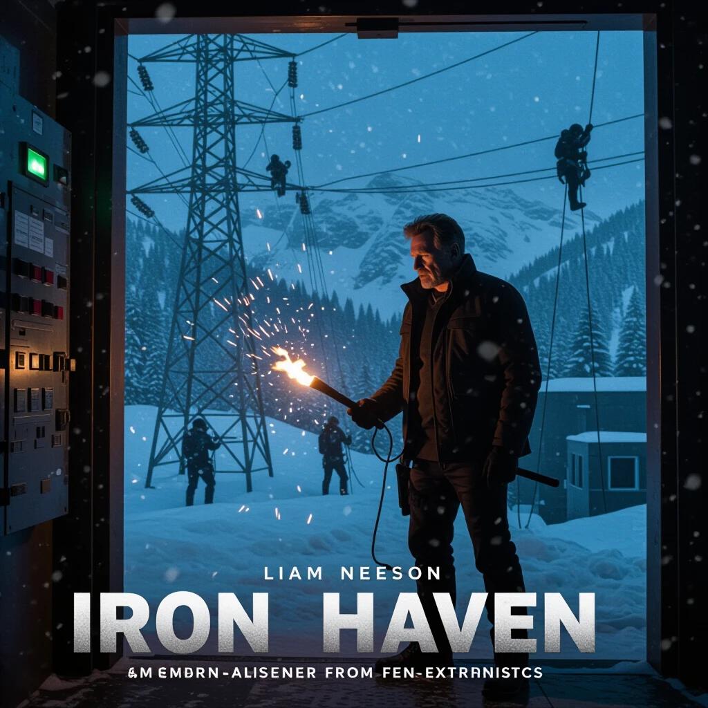 A man defends a power station from eco-extremists. Neeson lights a torch in a dark control facility surrounded by snow. Attackers descend frozen pylons outdoors while sparks fly. Snow heavily falls over mountains. The image conveys a siege-action tone with cold versus fire contrasts.