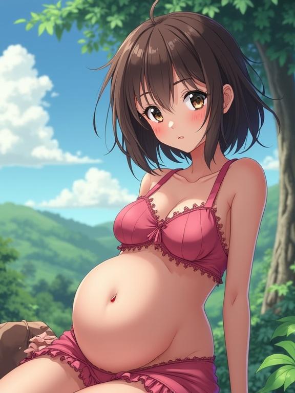 Anime character with a gentle expression. Female character in a pink outfit. Background features green trees and blue sky. Full body view.