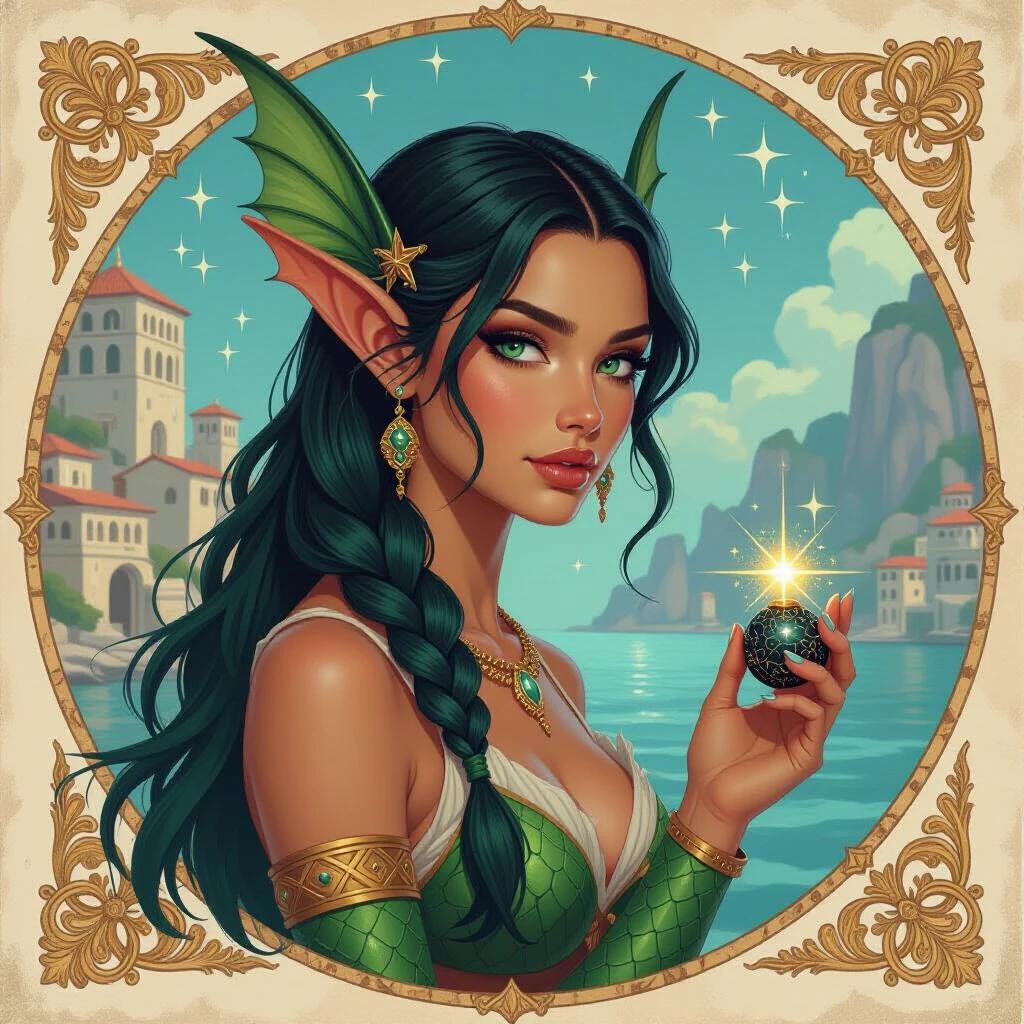 Dark oil-painting illustration. Portrait of a young Triton female with sharp finned ears. She has green-blue scaled skin and is in an Ancient-Grecian port city. She wears Ancient-Greek attire and wields a magic black stone casting constellations. Long green-blue hair flowing back. Stars illuminated.