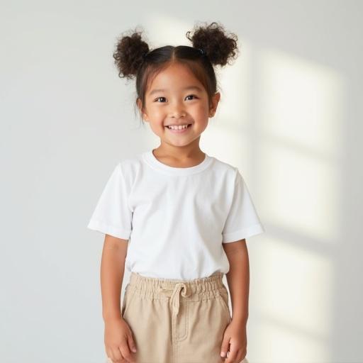 Smiling girl about four years old in a white t-shirt and beige shorts standing in a bright minimalist studio with natural light and soft shadows