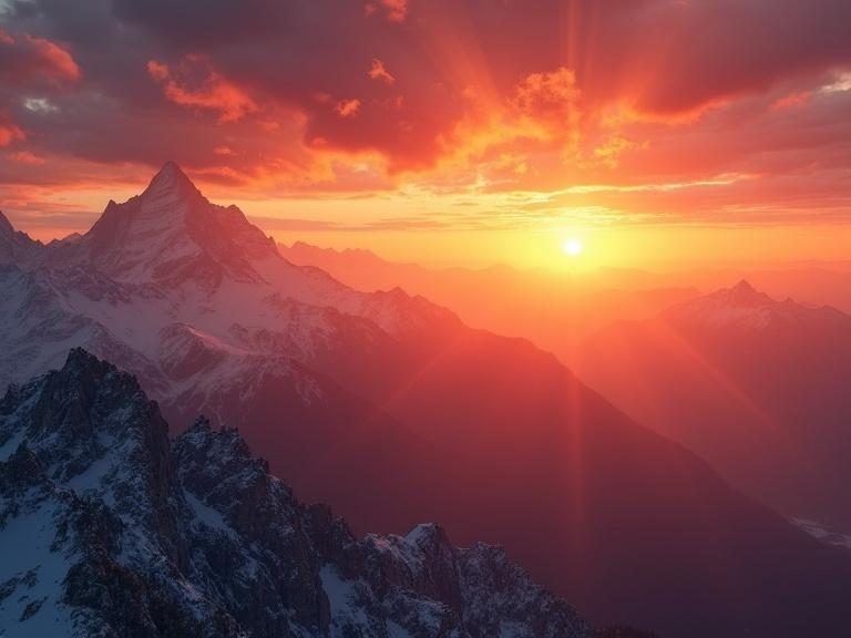 Majestic sunset occurring over a mountain range. High peak offers a stunning view. Golden sunlight spills over distant ridges. Vibrant sky showcases deep reds, oranges, and soft purples. Dramatic clouds glow with light. Alpine landscape is bathed in warm hues. Painterly style evokes a cinematic atmosphere. Ultra-detailed and breathtaking scene. Epic composition presented in 16k resolution.