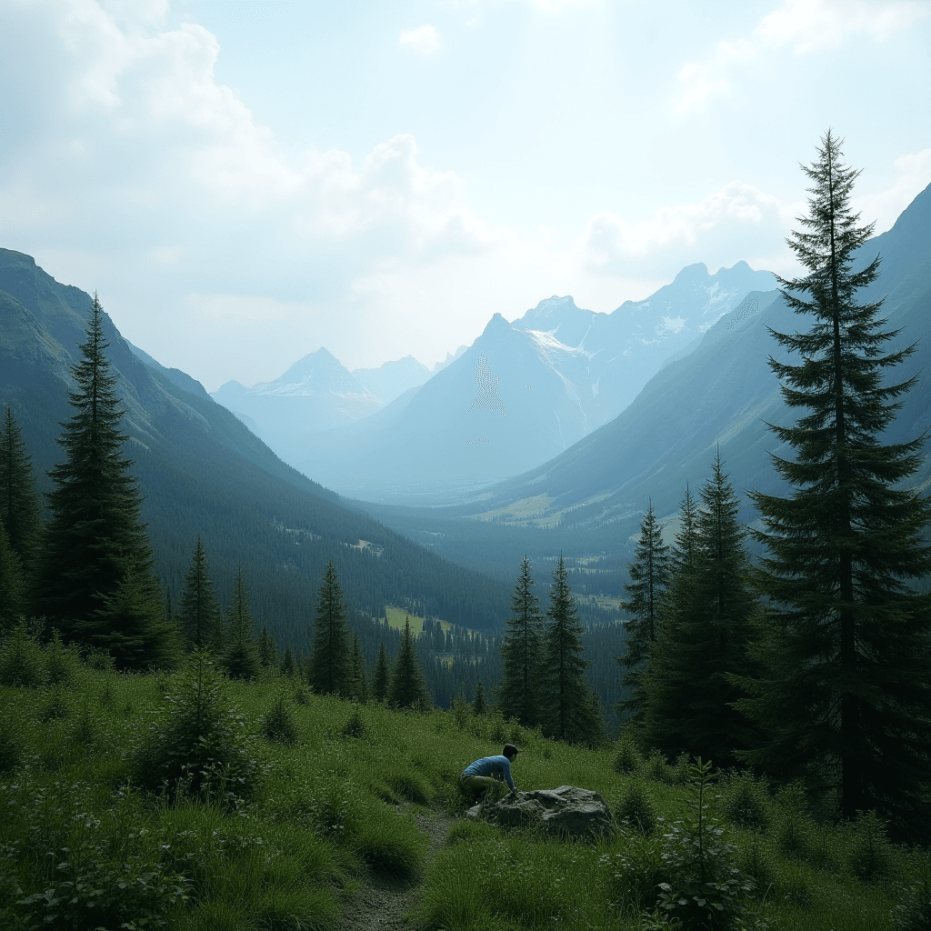 A person in a blue jacket crouches on a grassy hill surrounded by tall trees, overlooking a vast mountain valley.