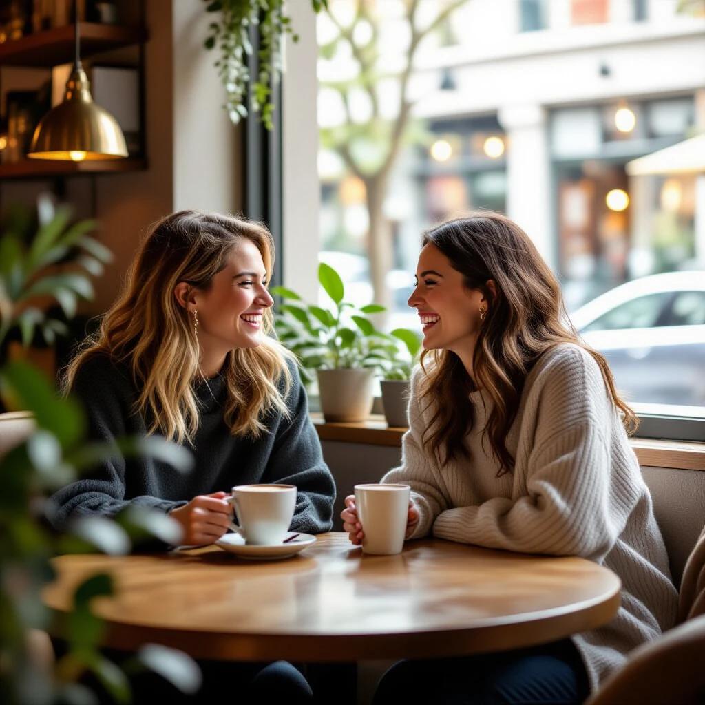 Two colleagues sitting at a small café table. They are laughing and sharing a relaxed conversation. One holds a coffee cup. The other leans forward, engaged and smiling. The setting is cozy and intimate with soft natural light coming through a window. The color tones are warm with beige, soft blues, and muted creams. There are subtle decorative elements like plants. The atmosphere feels human, authentic, and spontaneous, symbolizing warmth and real conversation in the age of AI.