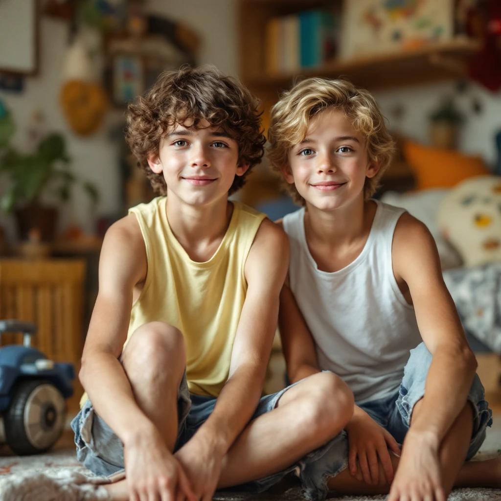 Portrait of two boys sitting on a colorful rug. One boy has brown hair wearing a light yellow tank top and shorts. The other boy has blonde hair wearing a white tank top and shorts. Room has interesting decorations and warm lighting.