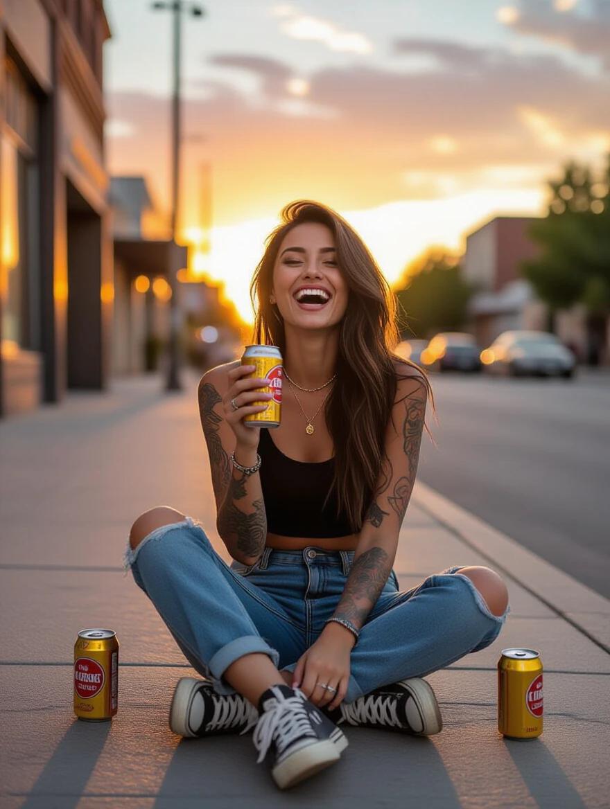 Cool woman sitting on sidewalk. Laughing with beer. Sunset background. Visible tattoos and dirty sneakers. Vibrant street style.