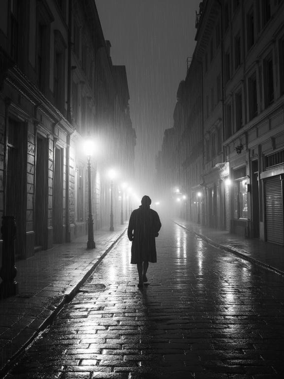 A solitary figure walks through a deserted rain-slicked street at night. Classic architecture lines the street in a subtle distortion. Reflections on the wet cobblestones are abstract patterns. The scene includes high-contrast lighting and emphasizes the textures of stone and brick. The focus is sharp on the figure and immediate surroundings. A gritty film grain enhances the atmosphere.