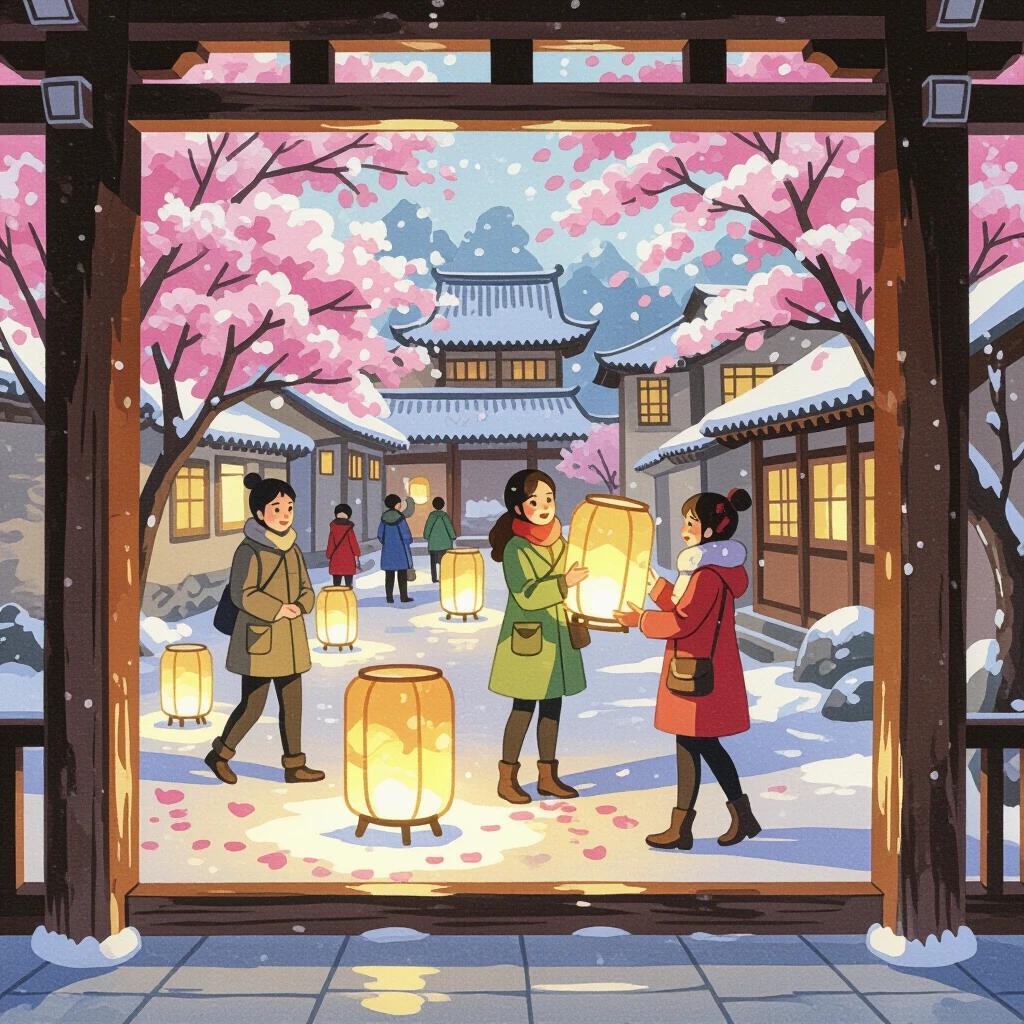 Scenic view of people celebrating at night in a traditional setting. Lanterns light up a snowy path with cherry blossom trees in bloom. People engage in joyful activities with a festive ambiance.