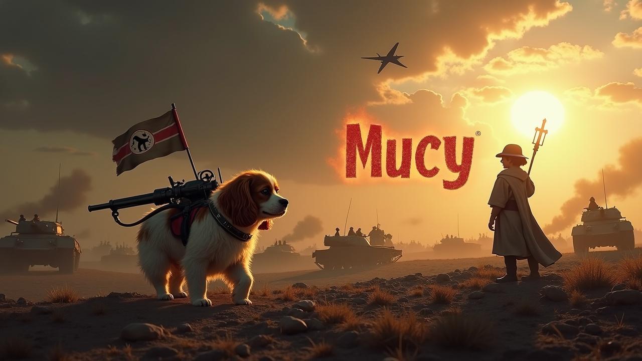 In a gloomy and dark setting, a fluffy brown and white cavalier king charles spaniel walks across a desolate battlefield. There is an anti-aircraft gun strapped to its back. Nearby, a figure wearing a cloak stands valiantly holding a flag with a dog emblem. In the background are a multitude of small soldiers and tanks, barely visible among the shadows. The sky is lit by the bright radiance of the sun. A jet fighter passes overhead. We see the text 'Mucy' boldly displayed, in bright, fiery writing.