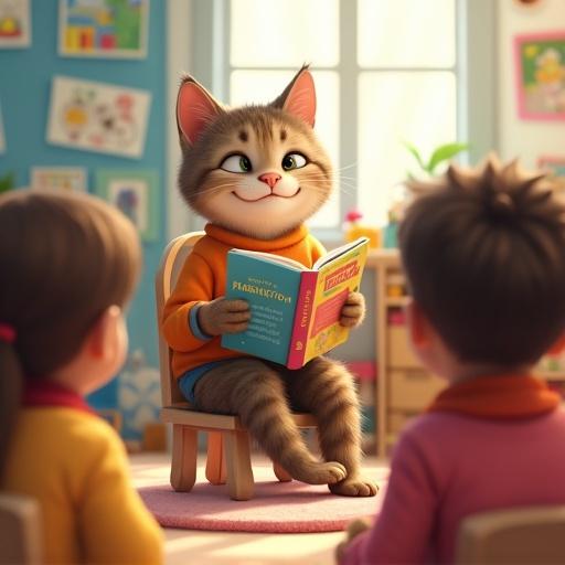 A semi-realistic digital illustration of an anthropomorphic tabby cat acting as a preschool teacher sitting on a small chair and reading a picture book to a group of unseen children. The cat is smiling gently with a kind expression, surrounded by toys and colorful pictures on the classroom walls.