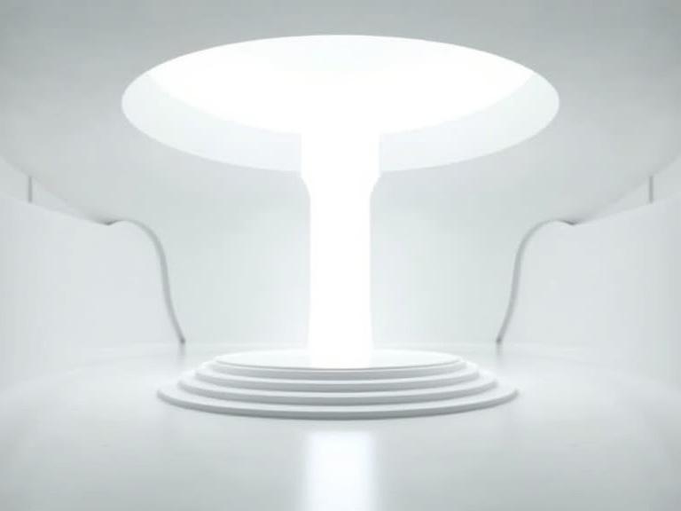 Interior of a UFO ship with sleek and smooth design elements. There is a large round dome ceiling glowing with light. The floor is shiny and white. A tall organic curvy cylinder tower sits in the center. Shadows and reflections are present in the space.
