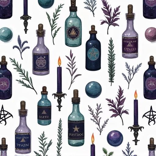 Design a seamless pattern featuring magical elements. Elements include potion bottles, candles, crystal balls, herbs, and pentagrams. Arranged in a grid for repeatability. Style is gothic ink drawing with muted plum, sage, and midnight blue tones. Background is transparent. Theme has a mystical cottage-witch vibe.