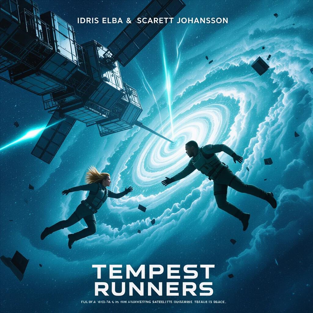 Movie poster for Tempest Runners features Idris Elba and Scarlett Johansson. Space marines defend a satellite in hurricane orbit. Elba anchors to structure while Johansson falls into storm vortex. Metal debris spirals around them. Wind turbines explode nearby.