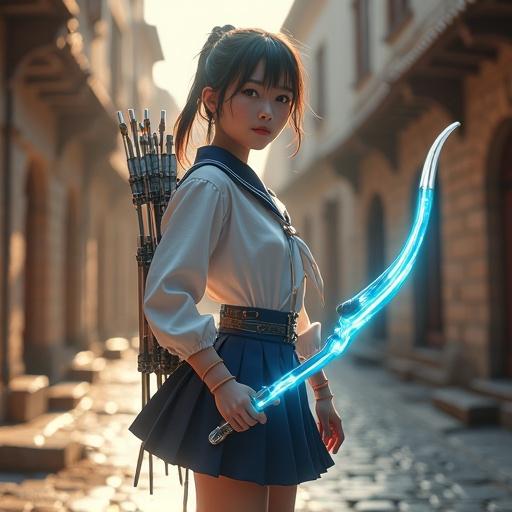 Realistic high school girl archer stands in a medieval stone city street. She wears a Japanese-style school uniform with a white blouse and navy mini pleated skirt. She has durable boots and carries a futuristic energy bow. The bow has a glowing neon blue bowstring. A quiver rests on her back. The scene contains ancient cobblestone streets and morning sunlight. She has a calm and determined expression. Hair is in a low ponytail with loose strands. The character has mixed features. Her skin appears delicate. The composition contrasts modern and medieval elements.