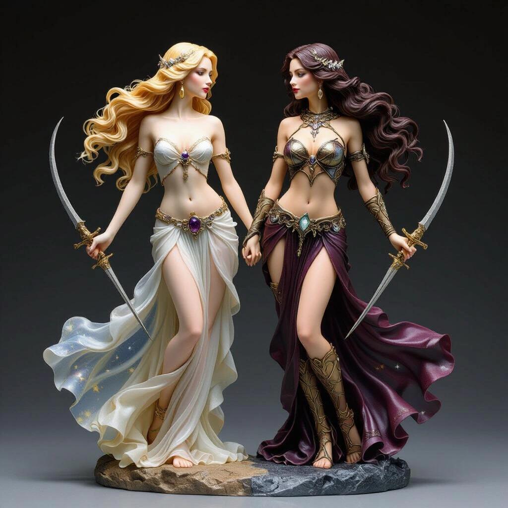 Ultra-detailed resin sculpture of twin goddesses symbolizing Gemini. Two elegant women stand back to back with flowing hair. One in a flowing dress with ethereal transparencies. The other in lightweight armor with astral designs. Both hold daggers raised. Joined by an energetic bond. Base includes a broken mirror. Magical and sensual essence.