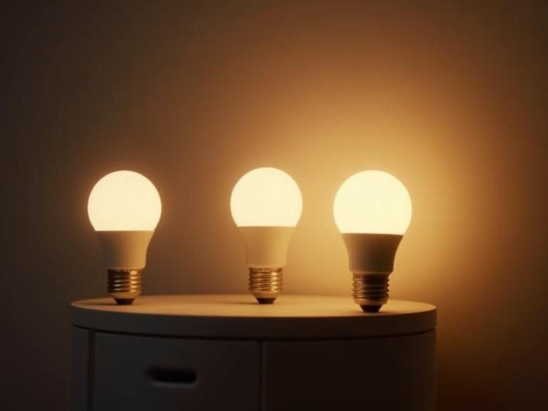 Image shows three smart bulbs on a table emitting warm white light. The bulbs are gradually intensifying, demonstrating their synchronization with circadian rhythms.