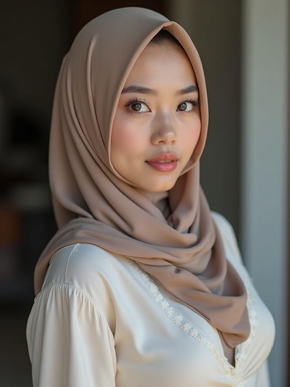 Portrait of an Indonesian girl with beautiful eyes. The girl has a pointed nose and full lips. She is wearing a beige hijab and a light-colored blouse. The image captures her presentable and elegant look in soft natural lighting.