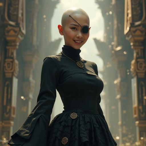 Beautiful young Asian woman smiling bald and wearing an eyepatch. She is in a fantastical kingdom wearing a fitted black blouse and tight miniskirt. The image features intricate details and deep colors in a masterpiece artwork style.