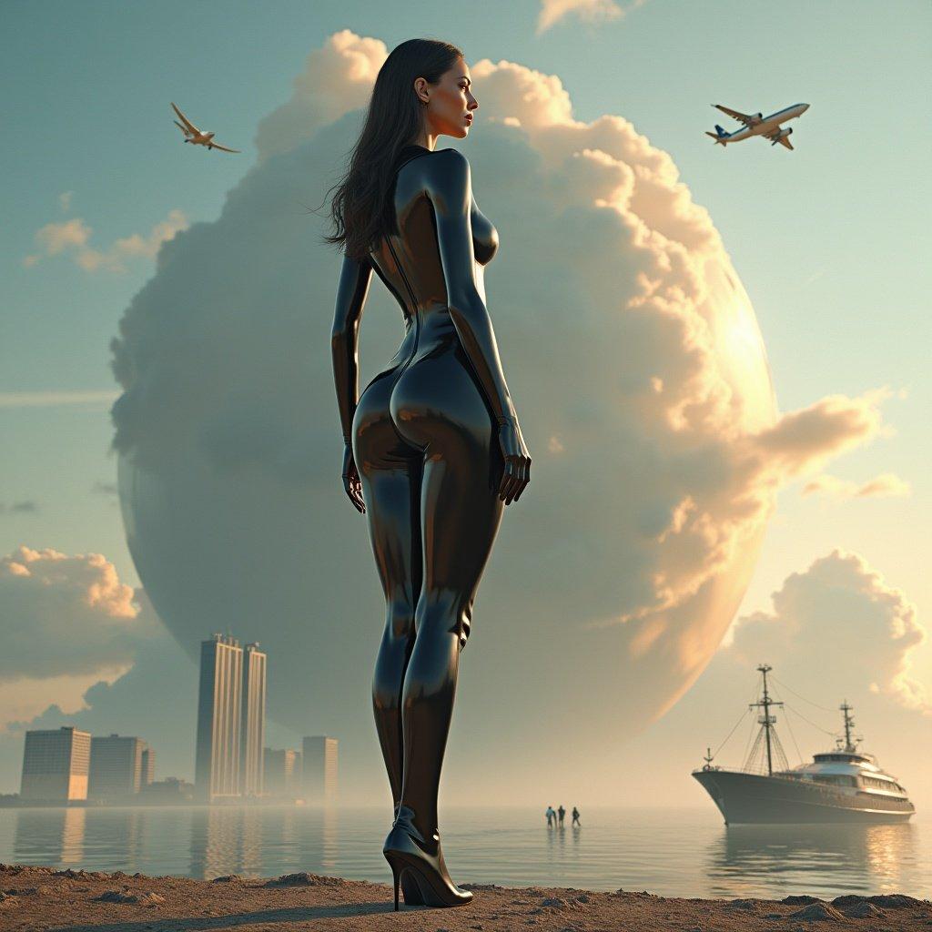 Surreal art scene featuring a confident woman in a glossy black latex bodysuit. Her backside expands to colossal proportions, dwarfing the surrounding landscapes like skyscrapers and airplanes. The scene captures the limitless growth of her curves, highlighted by reflections and shadow play. The background shows a pastel sky with light effects, creating a fantastical atmosphere.