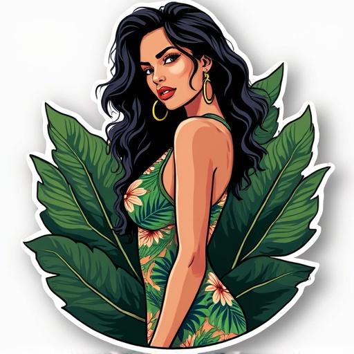 Beautiful woman with long dark hair surrounded by large green leaves. She wears a vibrant jungle-patterned dress. This is a colorful vector sticker illustration.
