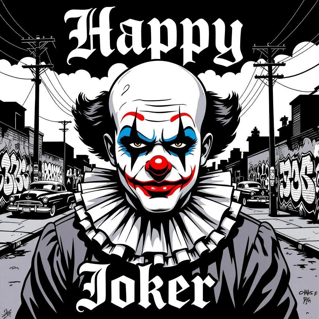 Black and white illustration of a chicano clown in JokerBrand style. The clown has a bald head, angry arched eyebrows, large clown nose, small teardrops under one eye. The clown wears a sharp exaggerated clown ruffled collar. The backdrop features a gritty urban barrio with graffiti, lowriders, power lines. Designed like streetwear artwork with an ultra sharp black and white vector look. Features Gothic font with the words 'Happy' and 'Easter' at the top and bottom.