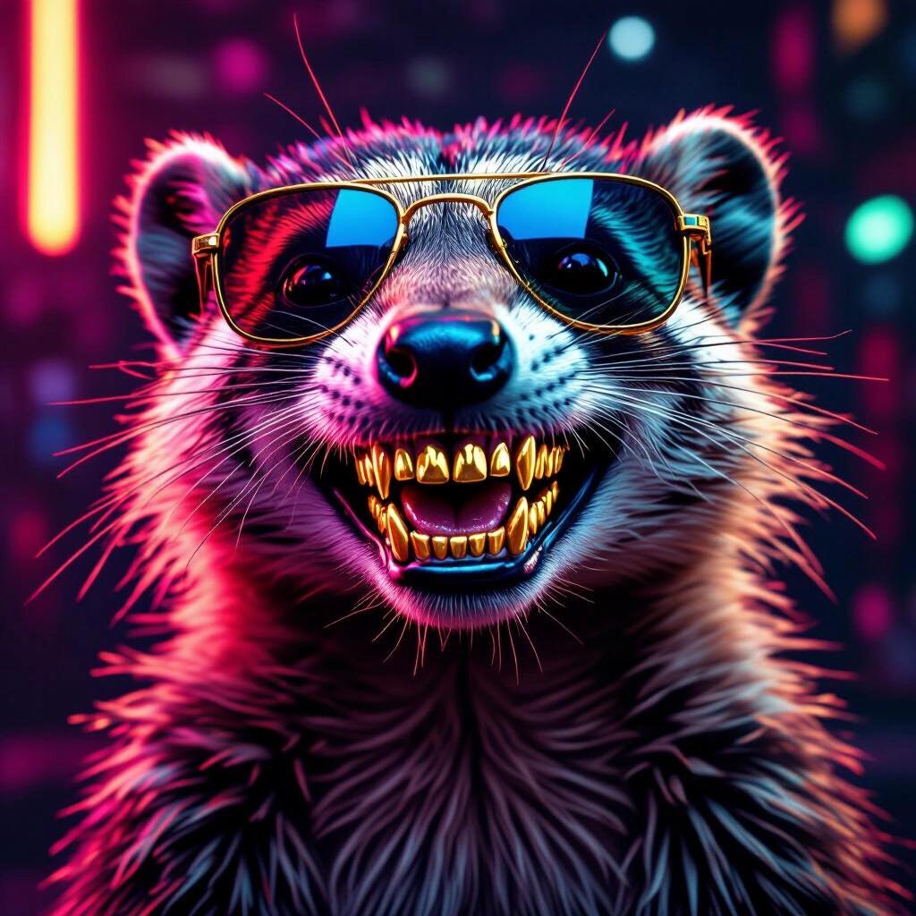 Dark neon scene featuring a smiling mongoose wearing sunglasses and showcasing all gold teeth with a Tyson face tattoo. Bright and colorful atmosphere.