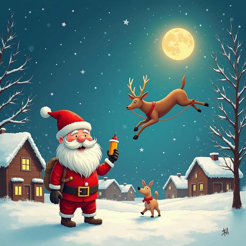 In a snowy village during Christmas, Santa Claus is joyfully holding a bottle of mustard while observing a playful reindeer leaping into the night sky. The scene is illuminated by a bright full moon and surrounded by cozy houses covered in snow. To add a magical touch, Santa is writing 'Luke & Jimbob' in the stars, creating a festive atmosphere. A small dog stands at his feet, looking up at the adventurous reindeer. Snowflakes gently fall around them, enhancing the cheerful, holiday spirit. This illustration captures the essence of Christmas joy and wonder.