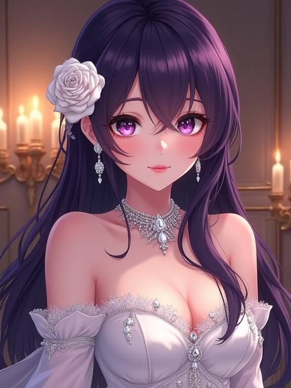 Semi-anime lady with dark violet hair. Dressed in a white off-shoulder gown. Wearing luxurious diamond jewelry. Decorated with a white rose in hair. Set in a candlelit luxurious environment. Highly detailed and focused artwork.