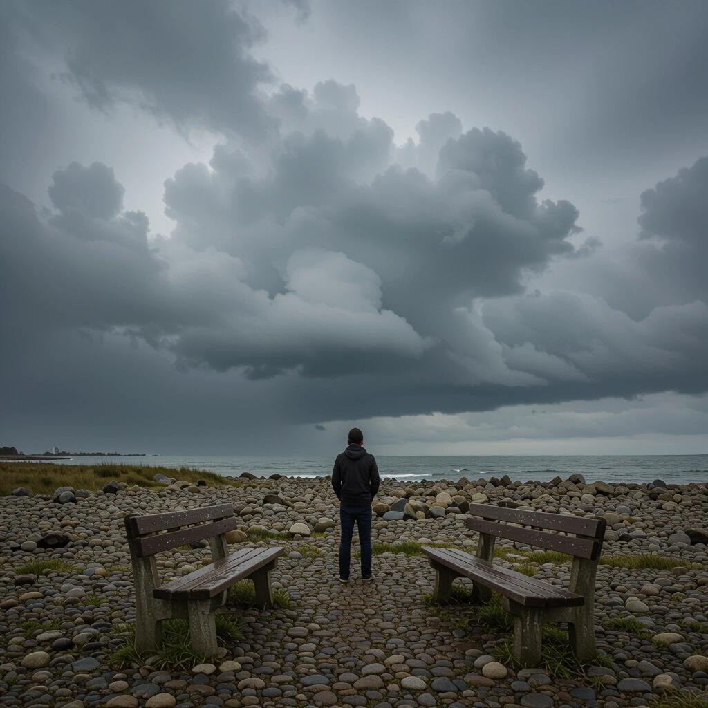 Surreal scene with a figure looking at dark skies near the sea. Two benches are placed on a pebbled beach with dramatic clouds above.