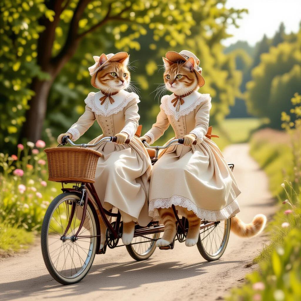 Two female anthropomorphic cats ride a vintage tandem bicycle. They wear Victorian dresses adapted to feline form. Cats have orange tabby and cream-colored fur. A basket holds bread, grapes, and apples. The scene is set in a sunlit countryside with trees and wildflowers.