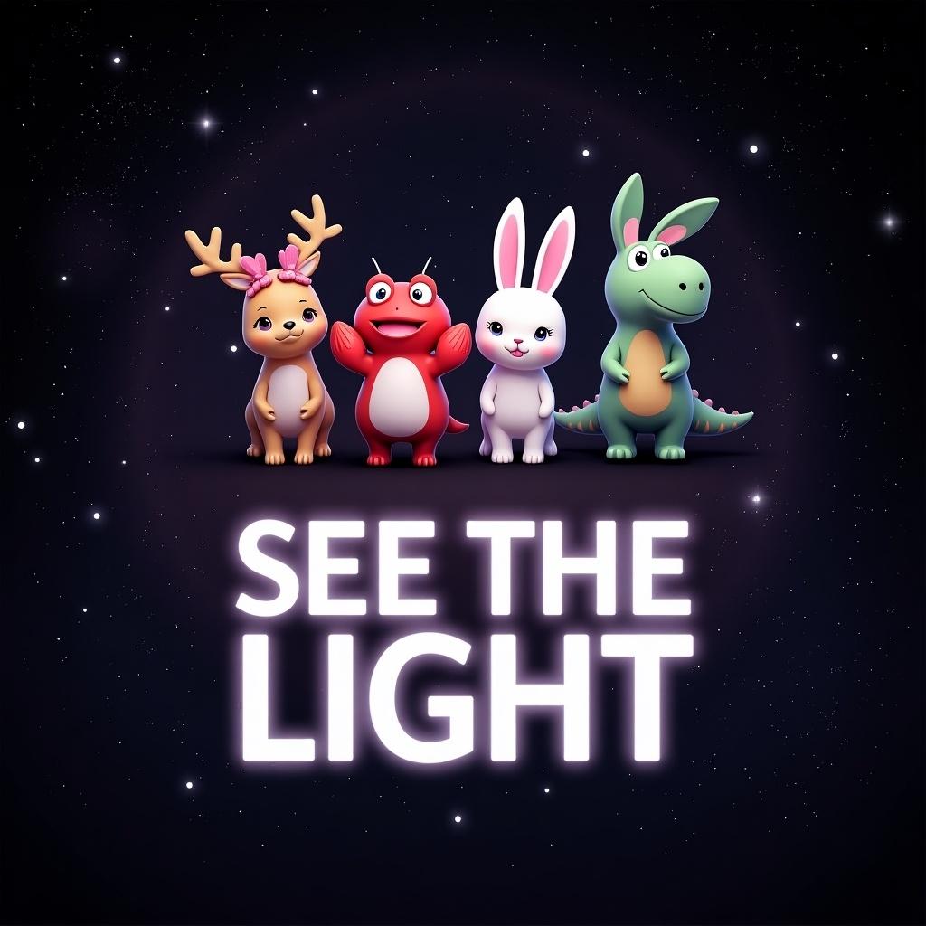 Album cover design for SEE THE LIGHT featuring four members at the top against a cosmic black and purple background. Title centralized in white or silver with glowing effect. Members show just their upper bodies with distinct features and accessories. Light effects create a mystical feel.