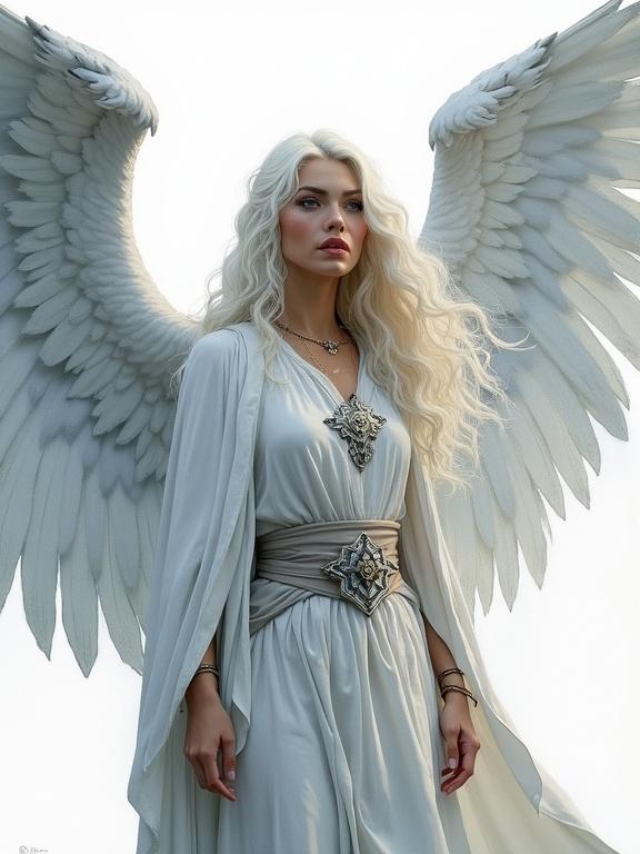 Fantasy character illustration. Female cleric with white hair and angelic wings. Soft pastel color palette. Digital painting with watercolor style.