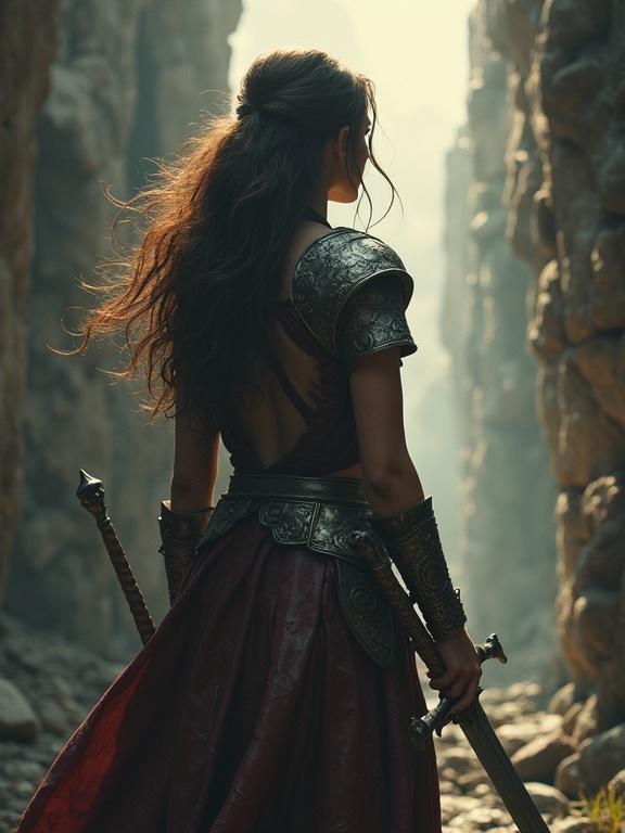 Warrior girl stands in a narrow canyon. She holds a sword pointed towards the viewer. Hair flows behind her. Ancient armor reflects light. Background features rocky cliffs.