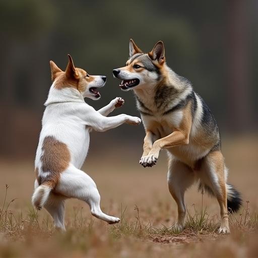 A Jack Russell Terrier and a wolf engage in a playful encounter. The setting is natural and calm. Both animals look engaged and playful, standing on hind legs with relaxed postures. The environment has soft lighting and greenery.