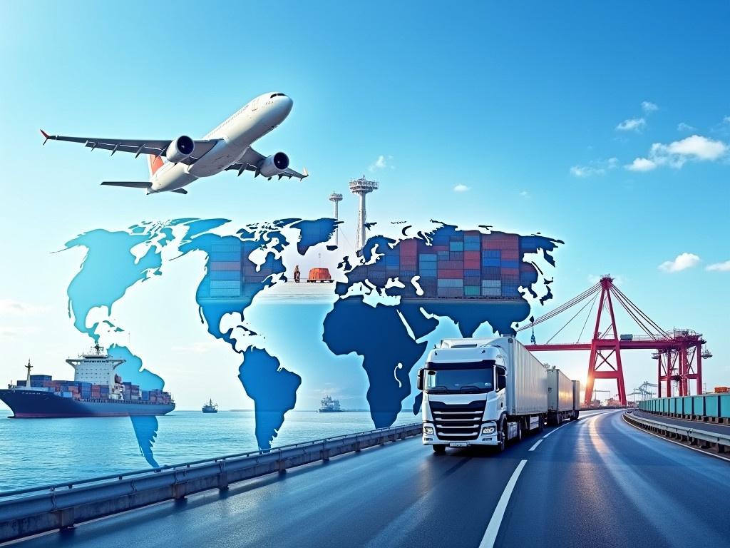 Create a photo montage that captures a variety of freight and transport business activities. Include images of cargo ships loaded with containers on the ocean, an airplane flying in a blue sky, and trucks on busy roads. Show different modes of transport, such as freight trains and shipping docks with cranes lifting containers. Incorporate visual elements that represent global trade, like a globe or world map. Use a cohesive blue color palette to unify the images and create a professional look.