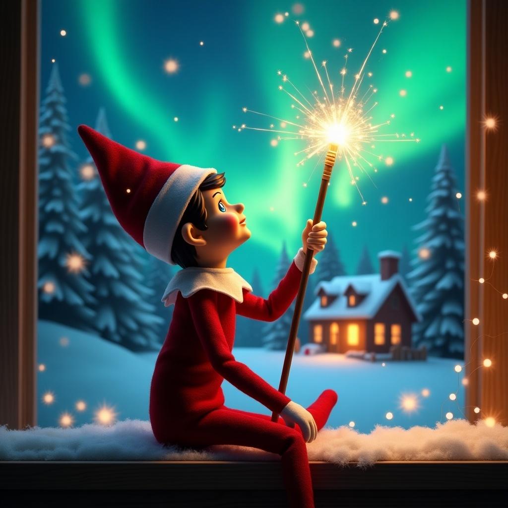 Elf on the shelf sits back to viewer. Elf gazes skyward while holding glowing wand. Charming Christmas scene includes colorful northern lights. Cozy house visible in distance. Snow covers ground. Elf embodies Christmas magic. Names appear in air from wand.